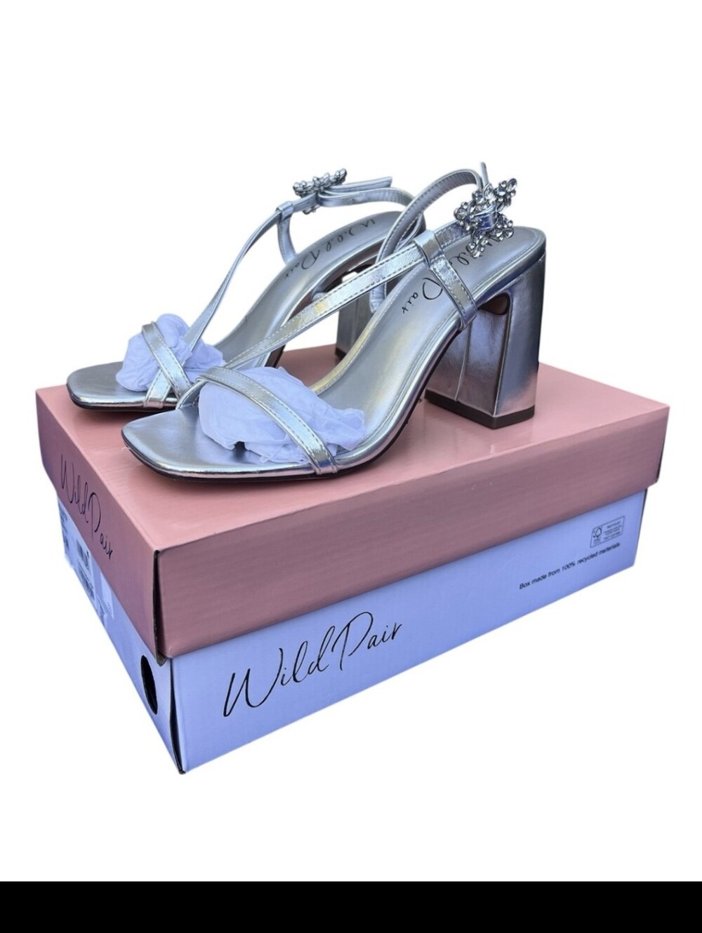Wild Pair Silver Jewel-Strap Block Heels 10M New in Box